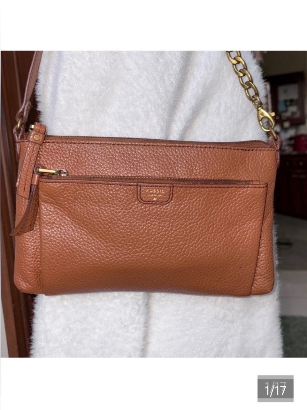 Fossil Vintage shoulder bag / tag Leather brown  brass chain strap detail unused